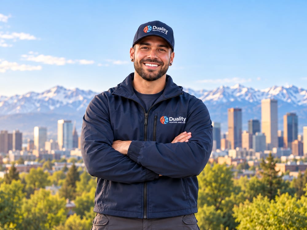 A smiling Duality technician in front of the Denver skyline